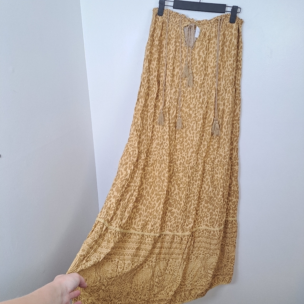 Aria Tan Animal Print Tiered Boho Tassels Festival‎ Hippie Maxi Skirt Size Small